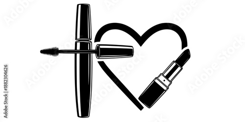 Makeup cosmetics lipstick and mascara beauty vector illustration black and white