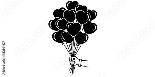 Hand holding bunch of heart shaped balloons vector illustration black and white