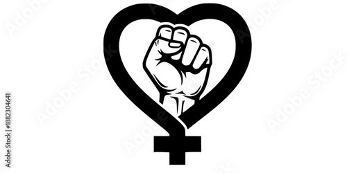 Girl power raised fist symbol with heart feminist vector illustration black and white