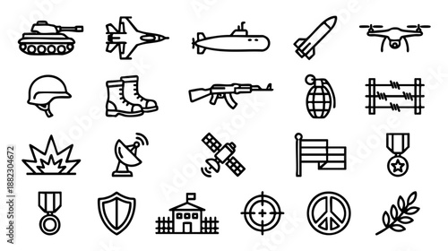 Military and war line icons set. Vector collection of army symbols including tank, weapon, drone, soldier gear, explosion, and peace signs. Simple outline style isolated on white background. 