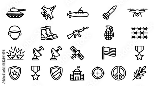 Military and war line icons set. Vector collection of army symbols including tank, weapon, drone, soldier gear, explosion, and peace signs. Simple outline style isolated on white background. 