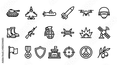 Military and war line icons set. Vector collection of army symbols including tank, weapon, drone, soldier gear, explosion, and peace signs. Simple outline style isolated on white background. 