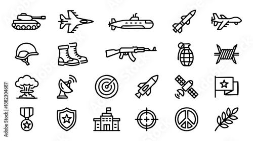 Military and war line icons set. Vector collection of army symbols including tank, weapon, drone, soldier gear, explosion, and peace signs. Simple outline style isolated on white background. 