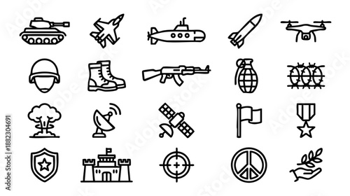 Military and war line icons set. Vector collection of army symbols including tank, weapon, drone, soldier gear, explosion, and peace signs. Simple outline style isolated on white background. 