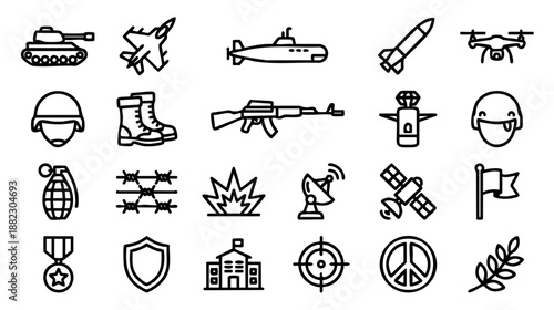 Military and war line icons set. Vector collection of army symbols including tank, weapon, drone, soldier gear, explosion, and peace signs. Simple outline style isolated on white background. 