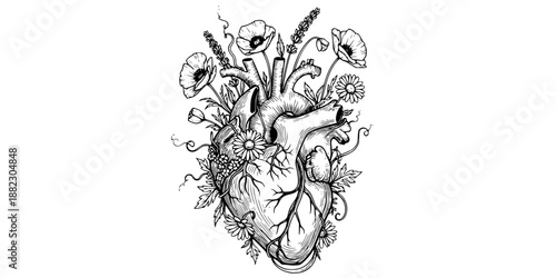 Anatomical heart with blooming wildflowers dark romance vector illustration black and white