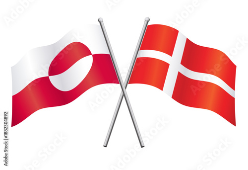 greenalnd and denmark flags in relationship alliance or versus conflict crossed flagpoles vector isolated on transparent background