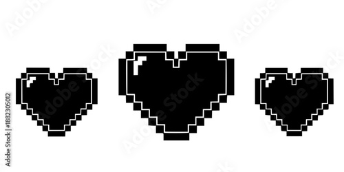 Retro 8-bit pixel art hearts set gaming nostalgia vector illustration black and white