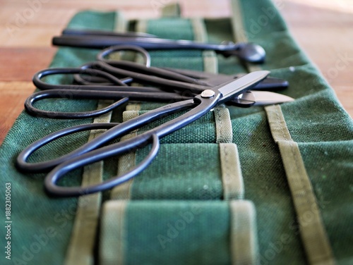 Bonsai tools set on a green toolbag