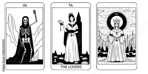 The Lovers tarot card minimalist design vector illustration black and white