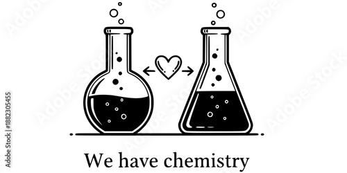 Laboratory flasks with bubbling heart reaction chemistry love vector illustration black and white