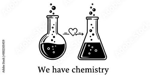 Laboratory flasks with bubbling heart reaction chemistry love vector illustration black and white
