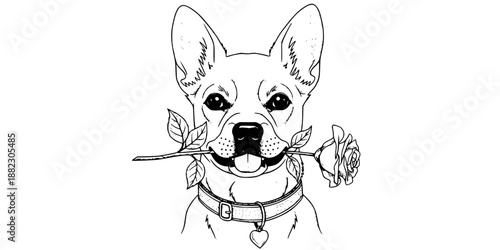 Cute dog holding rose flower in mouth vector illustration black and white