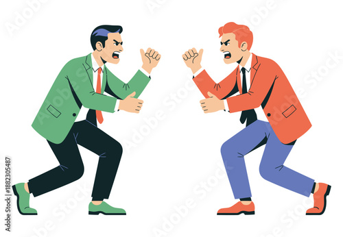 Two businessmen in a heated argument with aggressive body language and facial expressions
