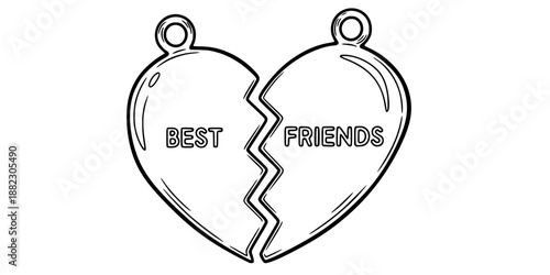 Vintage BFF best friends split heart necklace charm vector illustration black and white