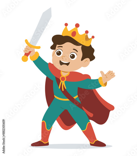 A cartoon boy dressed as a king with a sword and cape standing heroically