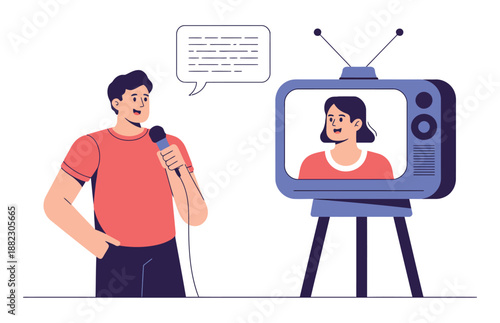 A cartoon man interviewing a woman on an old television set