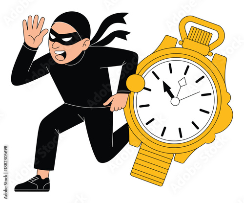 A cartoon thief wearing a black mask and suit runs away with a large yellow watch.