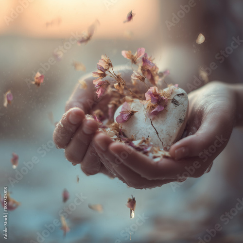 hands holding cracked heart with falling petals