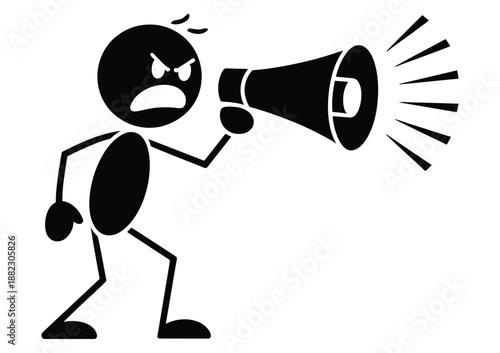 A cartoon character yelling into a megaphone with an angry expression on its face