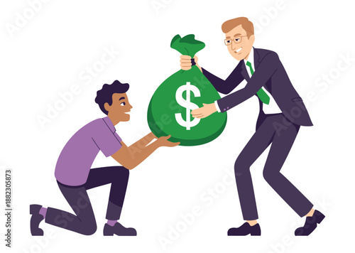 Two men exchanging a large bag of money in a business transaction