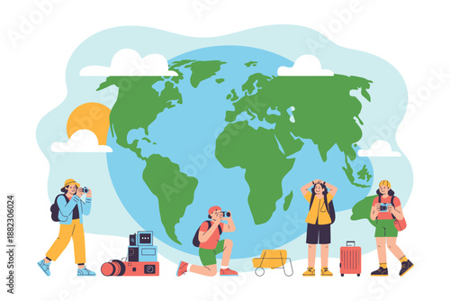 A group of travelers with luggage and cameras standing in front of a large world map
