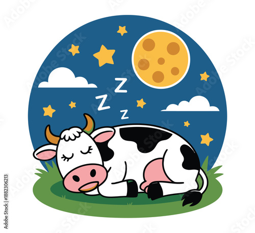 A cartoon cow peacefully sleeping under a starry night sky with a full moon