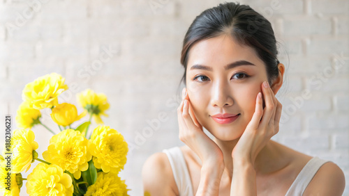 Young Asian woman smiling while posing with flowers indoors  
