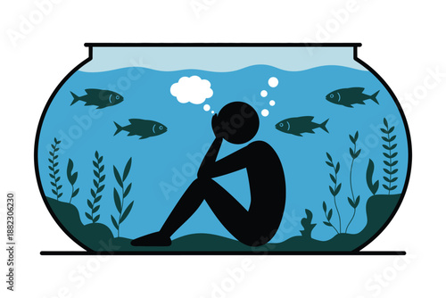 A person sits in a fishbowl with fish swimming around them, lost in thought and contemplation.
