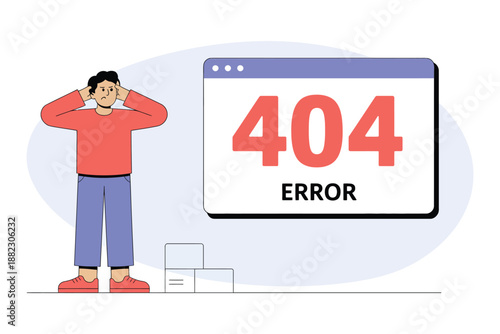 A frustrated man standing next to a large 404 error message on a computer screen