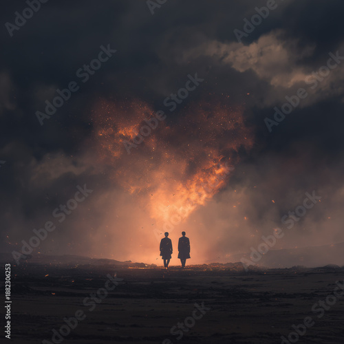 couple walking beneath a burning heart in stormy landscape
