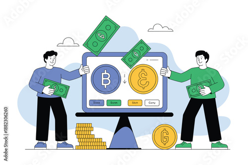 Two men exchanging money and cryptocurrency on a computer screen with a blue and white background