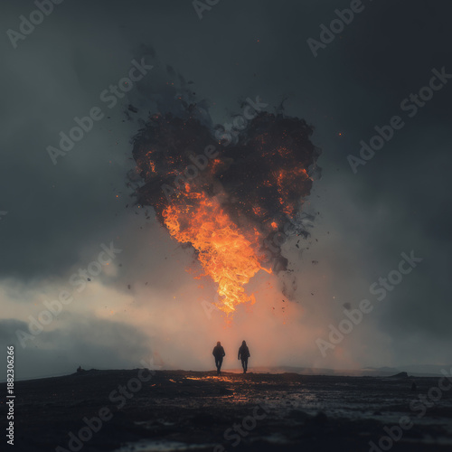 couple walking beneath a burning heart in stormy landscape