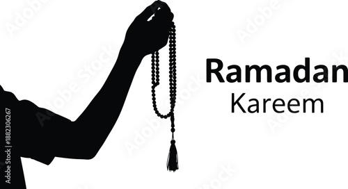 Black silhouette of a hand holding prayer beads for Ramadan Kareem