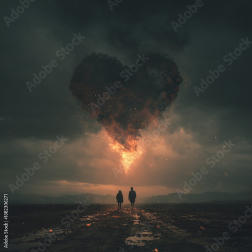 couple walking beneath a burning heart in stormy landscape