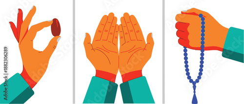 Islamic Ramadan Hands Holding Date, Praying, and Rosary Beads Vector Illustration Set