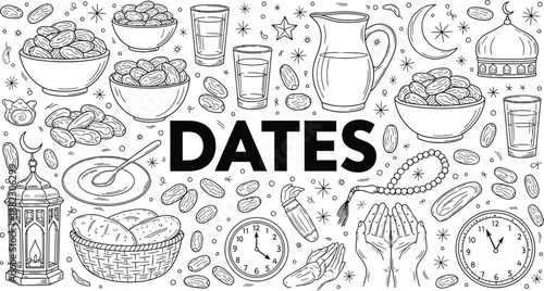 Dates fruit and Ramadan Muslim culture hand drawn doodle line art vector set