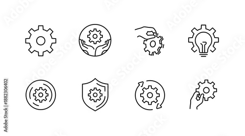 Minimalist gear icons set: hands, lightbulb, shield, arrow, hand holding gear