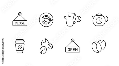 Coffee icons: open closed signs, cups, teapot, beans, clock symbols