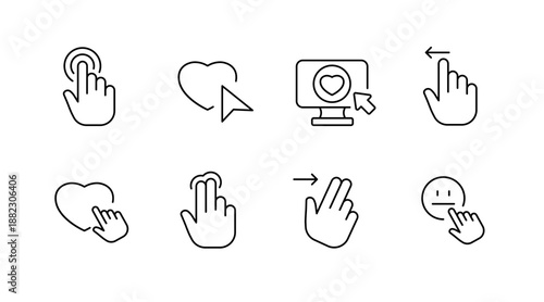 Simple user interface icons: hand, heart, click, swipe, drag, pointing