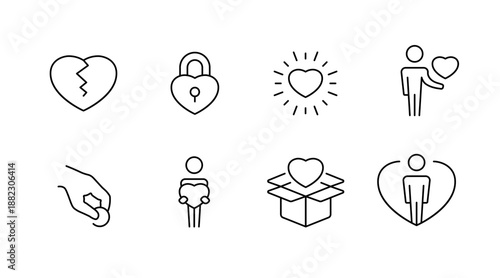 Minimalist love icons: heart, lock, embrace, gift, support, connection, affection