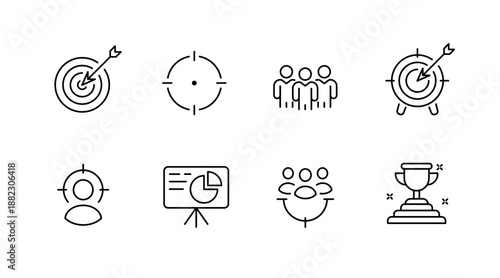 Set of icons: target, audience, and trophy concepts for success and teamwork