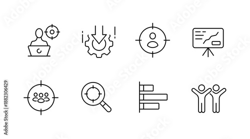 Business icons: target, gear, presentation, search, graph, teamwork