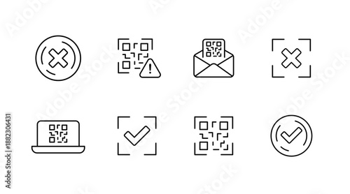Qr code icons set with error and verification alerts in minimalist design