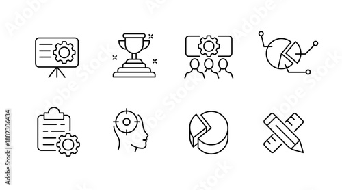 Set of business icons: strategy, leadership, teamwork, analytics, productivity, innovation
