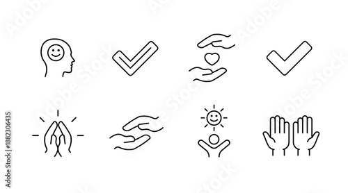 Minimalist icons representing wellbeing, compassion, and positivity
