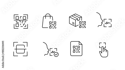 Qr code icons: scanning, shopping, security, and verification symbols