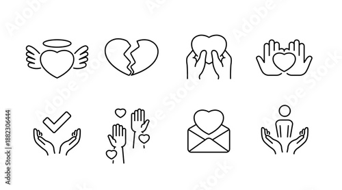 Minimalist heart icons set - love, care, break, support, embrace
