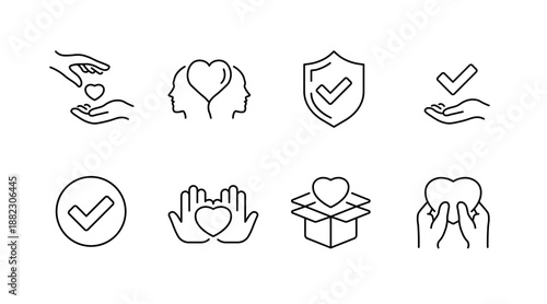Set of icons representing care, love, protection, and approval in minimalist design