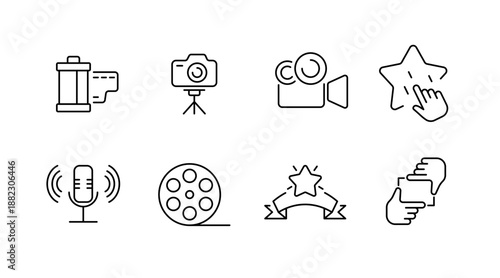 Filmmaking and photography icon set: camera, microphone, film reel, star